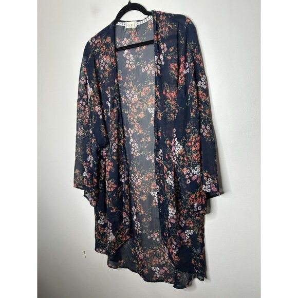 Altar'd State Kimono Womens  Navy Blue Floral Print Open Front Long Size Large - Picture 2 of 8